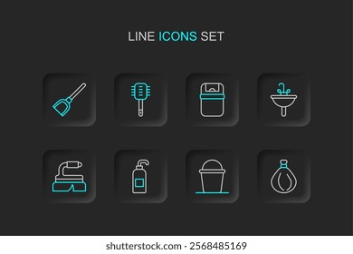 Set line Garbage bag, Bucket, Antibacterial soap, Brush for cleaning, Washbasin, Trash can, Toilet brush and Dustpan icon. Vector