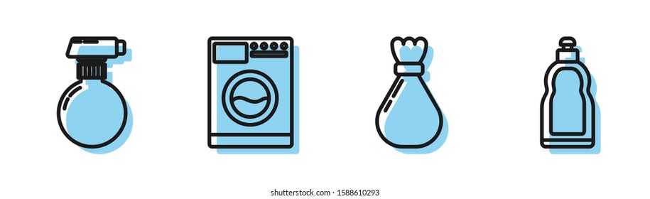 Set line Garbage bag , Cleaning spray bottle with detergent liquid , Washer  and Plastic bottles for liquid dishwashing liquid icon. Vector