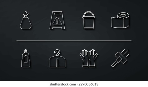 Set line Garbage bag, Dishwashing liquid bottle, Toilet paper roll, Rubber gloves, Hanger wardrobe, Wet floor, Vacuum cleaner and Bucket icon. Vector