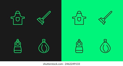 Set line Garbage bag, Dishwashing liquid bottle, Kitchen apron and Mop icon. Vector