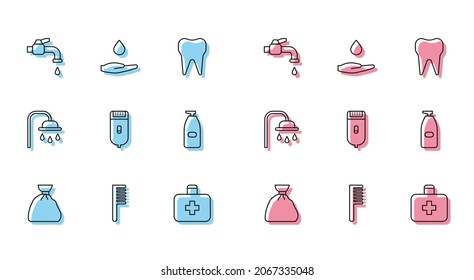 Set line Garbage bag, Hairbrush, Water tap, First aid kit, Electrical hair clipper or shaver, Bottle of liquid antibacterial soap, Shower head and Washing hands with icon. Vector