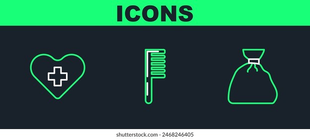 Set line Garbage bag, Heart with cross and Hairbrush icon. Vector