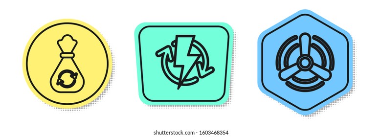 Set line Garbage bag with recycle, Recharging and Wind turbine. Colored shapes. Vector