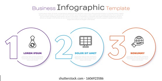 Set line Garbage bag with recycle, Solar energy panel and Human hands holding Earth globe. Business infographic template. Vector