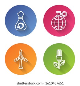Set line Garbage bag with recycle, Planet earth and a recycling, Wind turbine and Light bulb with leaf. Color circle button. Vector