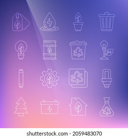 Set line Garbage bag with recycle, LED light bulb, Light leaf, Plant in pot, Bio fuel barrel, Tag and Recycle bin icon. Vector