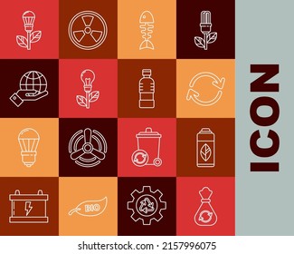 Set line Garbage bag with recycle, Recycling plastic bottle, Refresh, Fish skeleton, Light bulb leaf, Human hands holding Earth globe,  and Bottle of water icon. Vector