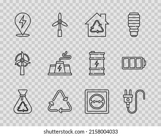 Set line Garbage bag with recycle, Electric plug, Eco House recycling, Recycle symbol, Lightning bolt, Power station plant factory, Electrical outlet and Battery icon. Vector