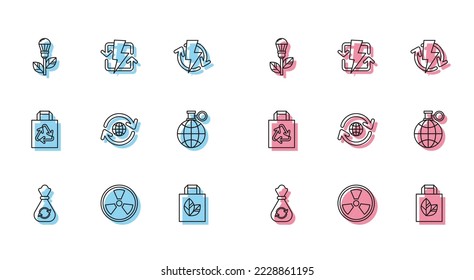 Línea Bolsa de basura con reciclador, radiactivo, hoja de bombilla, compra de papel, tierra planetaria y reciclado e icono de recarga. Vector