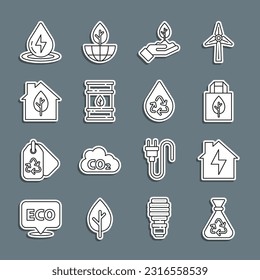 Set line Garbage bag with recycle, House and lightning, Shopping, Plant hand, Bio fuel barrel, Eco friendly house, Water energy and Recycle clean aqua icon. Vector
