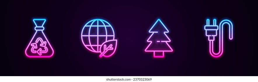 Set line Garbage bag with recycle, Earth globe and leaf, Christmas tree and Electric plug. Glowing neon icon. Vector