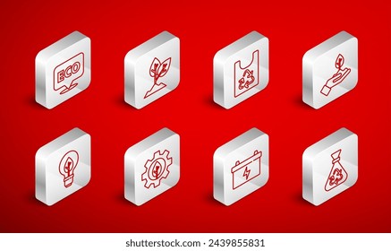 Set line Garbage bag with recycle, Plant, Plastic, in hand, Car battery, Label for eco healthy food, Leaf plant gear machine and Light bulb leaf icon. Vector