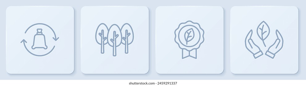 Set line Garbage bag with recycle, Leaf Eco symbol, Tree and in hand. White square button. Vector