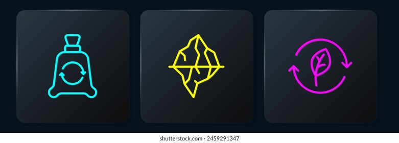 Set line Garbage bag with recycle, Recycle symbol leaf and Iceberg. Black square button. Vector