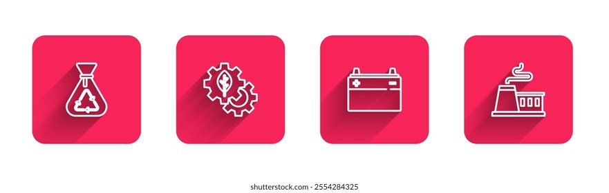 Set line Garbage bag with recycle, Leaf plant in gear machine, Car battery and Factory with long shadow. Red square button. Vector