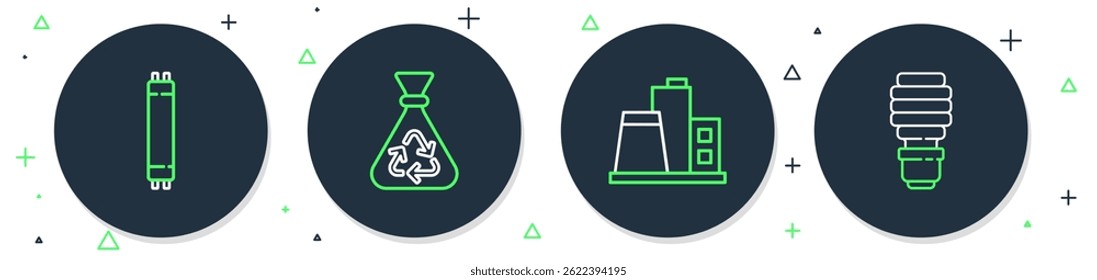 Set line Garbage bag with recycle, Factory, Fluorescent lamp and LED light bulb icon. Vector
