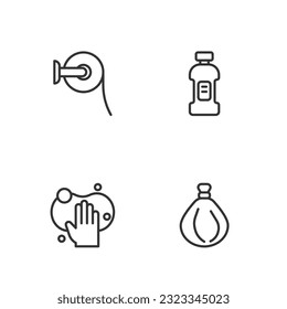 Set-Linie Müllbeutel, Schwamm, Toilettenpapier Rolle und Flasche für Reinigungsmittel Symbol. Vektorgrafik