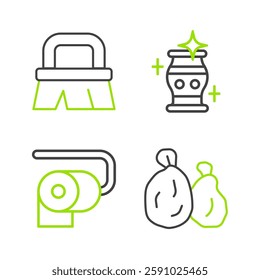 Set line Garbage bag, Toilet paper roll, Clean vase and Brush for cleaning icon. Vector