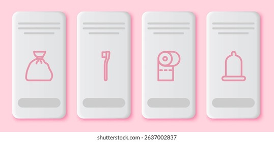 Set line Garbage bag, Toothbrush, Toilet paper roll and Condom. White rectangle button. Vector