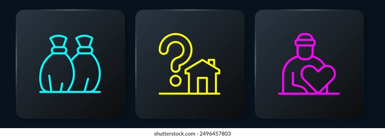 Set line Garbage bag, Volunteer and House with question mark. Black square button. Vector