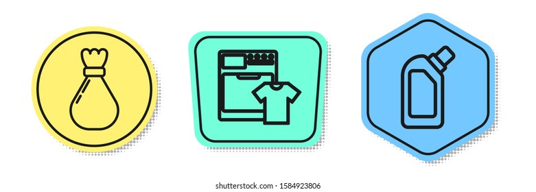 Set line Garbage bag , Washer and t-shirt  and Plastic bottles for liquid dishwashing liquid. Colored shapes. Vector