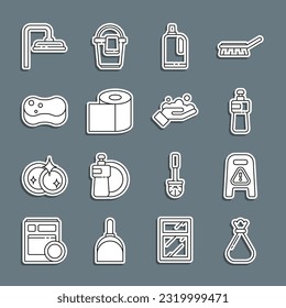 Set line Garbage bag, Wet floor and cleaning in progress, Dishwashing liquid bottle, Fabric softener, Toilet paper roll, Sponge, Shower head and Washing hands with soap icon. Vector
