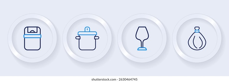 Set line Garbage bag, Wine glass, Cooking pot and Trash can icon. Vector