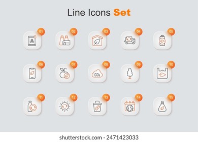 Set line Garbage bag, World Earth day, Trash can, Solar energy panel, Recycling plastic bottle, Shopping with recycle, Tree and CO2 emissions cloud icon. Vector