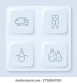 Set line Müllwagen, Wäscheklammer, Küchenschürze und . Weißer quadratischer Knopf. Vektorgrafik