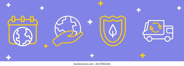 Set line Garbage truck, Shield with leaf, Hand holding Earth globe and World day icon. Vector