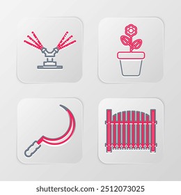 Set line Garden fence, Sickle, Flower in pot and Automatic irrigation sprinklers icon. Vector