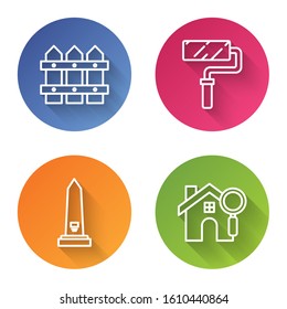 Set line Garden fence wooden, Paint roller brush, Washington monument and Search house. Color circle button. Vector