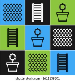 Set line Garden fence wooden, Flower in pot and Wooden staircase icon. Vector