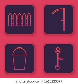 Set line Garden fence wooden, Bucket, Scythe and Grass and weed electric string trimmer. Blue square button. Vector