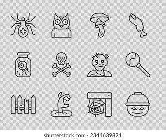 Set line Garden fence wooden, Pumpkin basket for sweets, Psilocybin mushroom, Zombie hand, Spider, Skull on crossbones, web and Lollipop icon. Vector