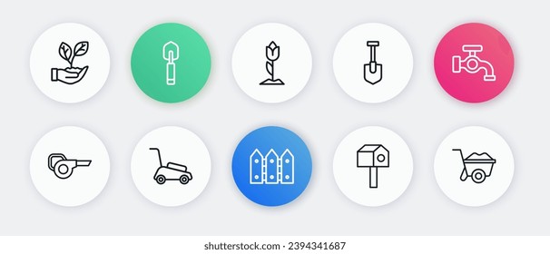 Set line Garden fence wooden, Water tap, Leaf garden blower, Bird house, Shovel, Flower tulip, Wheelbarrow and Lawn mower icon. Vector