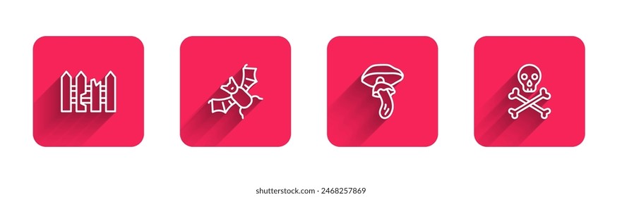 Set line Garden fence wooden, Flying bat, Psilocybin mushroom and Skull on crossbones with long shadow. Red square button. Vector