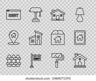 Set line Garden fence wooden, House, Hanging sign with text Rent, Online, Paint roller brush and Tablet and smart home icon. Vector