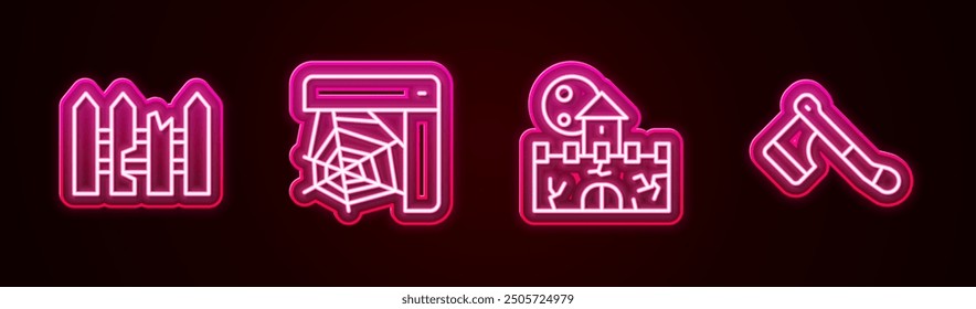 Set line Garden fence wooden, Spider web, Castle, fortress and Wooden axe. Glowing neon icon. Vector