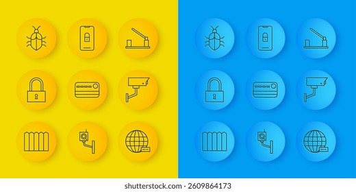 Set line Garden fence wooden, Lock, Credit card, Social network, Security camera, System bug concept, Parking barrier and Mobile with closed padlock icon. Vector