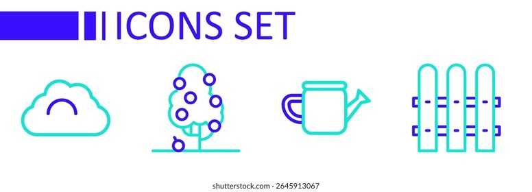 Set line Garden fence wooden, Watering can, Fruit tree and Cloudy weather icon. Vector