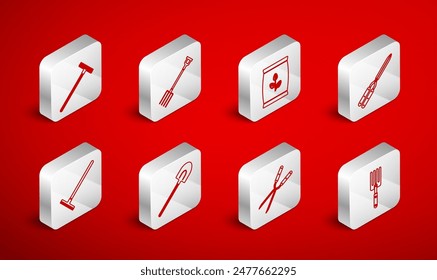 Set line Garden fork, pitchfork, Fertilizer bag, Gardening handmade scissor, rake, shovel and  icon. Vector