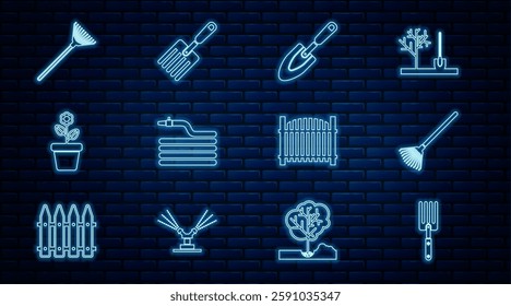 Set line Garden fork, rake leaves, trowel spade shovel, hose fire hose, Flower in pot, fence and  icon. Vector