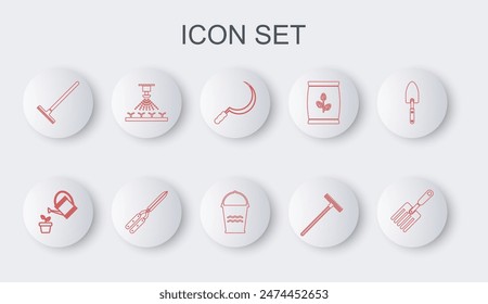 Tenedor de jardín, regadera, hoz, rastrillo, aspersores de riego automático, tijera hecha a mano de jardinería e icono de cubo. Vector