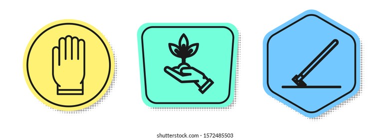Set line Garden gloves, Plant in hand of environmental protection and Garden rake in work. Colored shapes. Vector