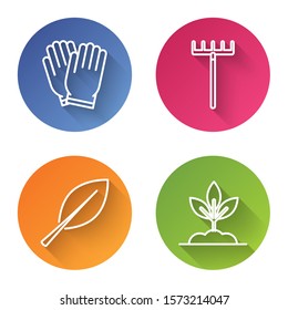 Set line Garden gloves, Garden rake, Leaf and Plant. Color circle button. Vector