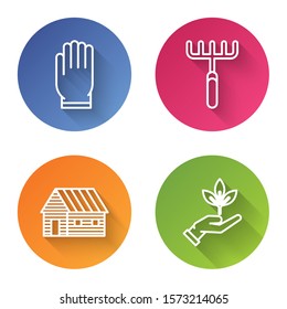 Set line Garden gloves, Garden rake, Farm house and Plant in hand of environmental protection. Color circle button. Vector