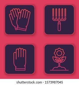 Set line Garden gloves, Garden gloves, Garden rake in work and Flower. Blue square button. Vector
