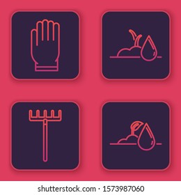 Set line Garden gloves, Garden rake, Watering sprout and Watering sprout. Blue square button. Vector