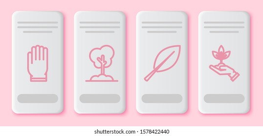 Set line Garden gloves, Tree in the ground, Leaf and Plant in hand of environmental protection. White rectangle button. Vector